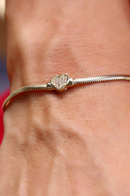 14 Ayar Altın Balık Sırtı Kalpli Taşlı Bileklik - 2