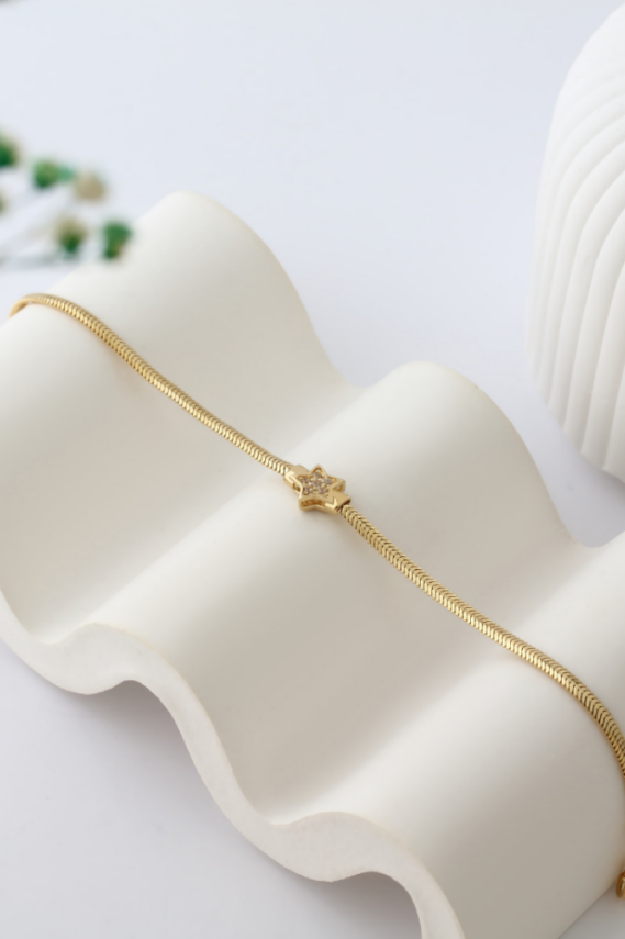 14 Ayar Altın Balık Sırtı Taşlı Yıldız Bileklik - 1