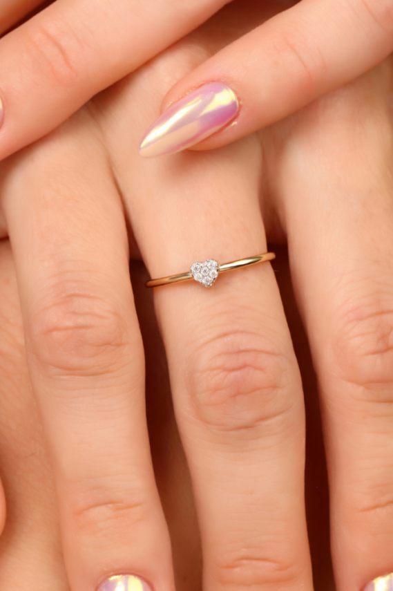 14 Ayar Altın Kalpli Taşlı Minimal Yüzük - 2