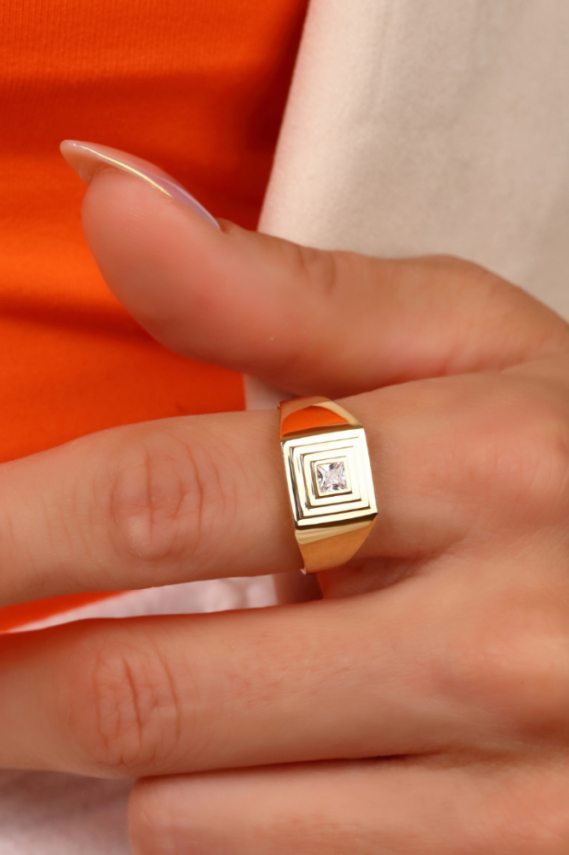 14 Ayar Altın Kare Tektaş Yüzük - 2