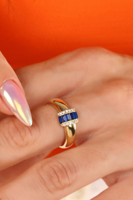 14 Ayar Altın Lacivert Baget Yüzük - 2