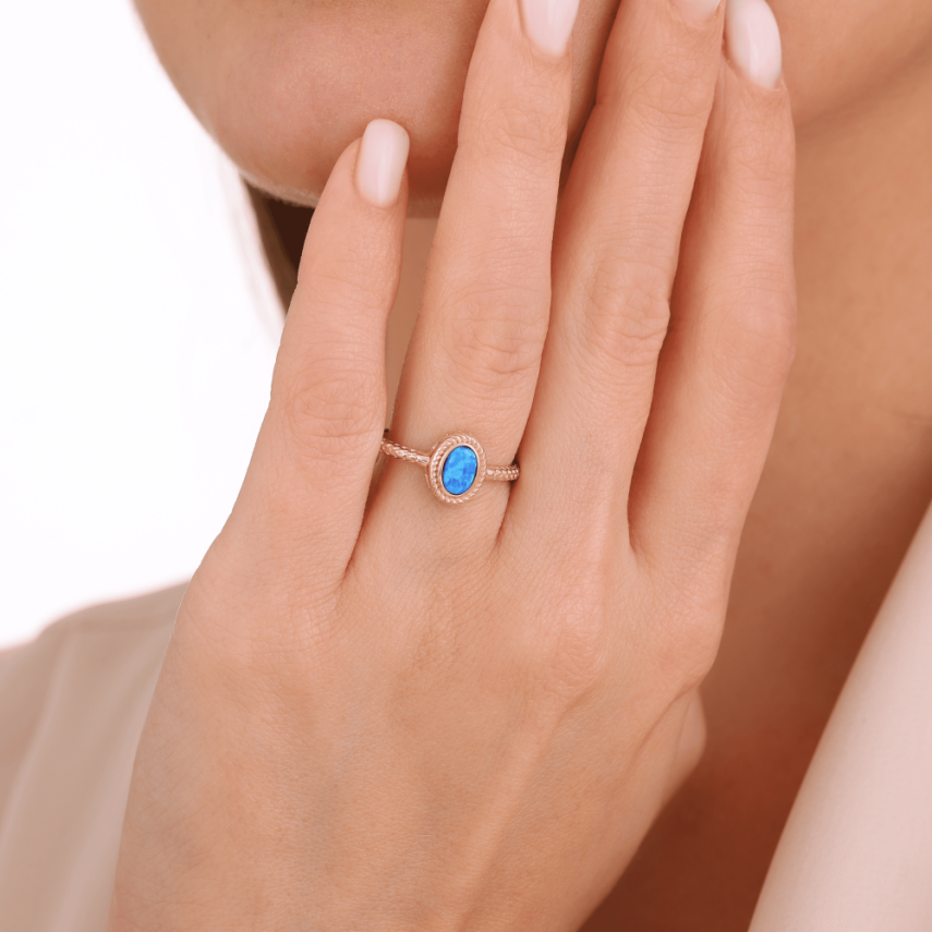 14 Ayar Altın Mavi Opal Yüzük - 2