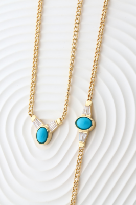 14 Ayar Altın Opal Taşlı Bagetli İkili Takım