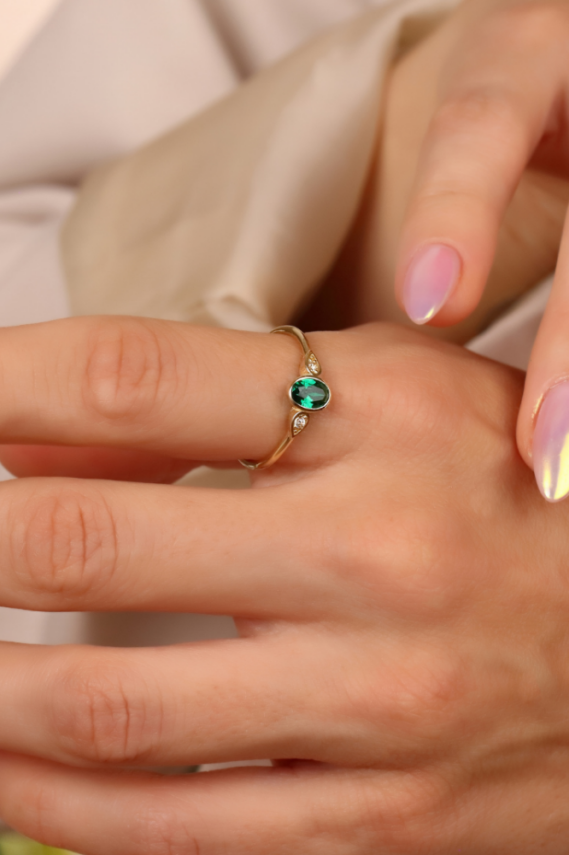 14 Ayar Altın Oval Renkli Taşlı Yüzük - 2