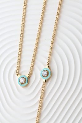 14 Ayar Altın Sekizgen Mineli Taşlı İkili Takım