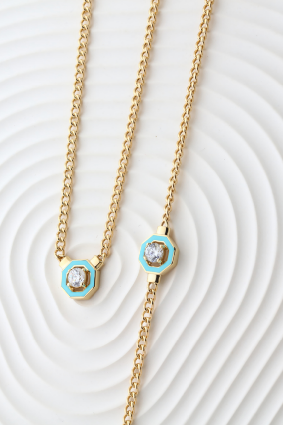 14 Ayar Altın Sekizgen Mineli Taşlı İkili Takım - 1